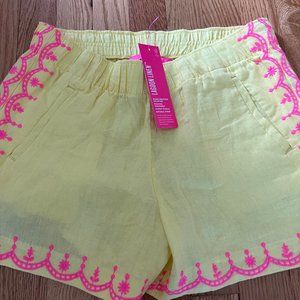 NWT Lilly Pulitzer Laryn Linen Shorts Calla Yellow + Pink Embroidery S